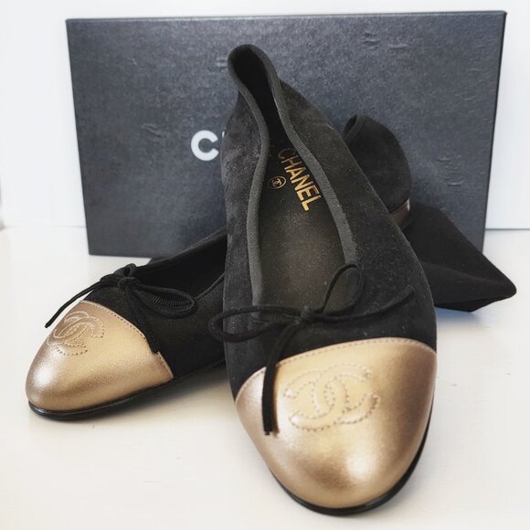 CHANEL Black Suede & Gold Cap Toe Ballet Flats - Size EU 37; Style # AG02819 - Picture 1 of 15